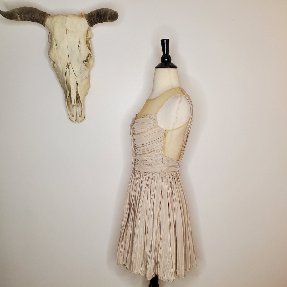 Keemia Nude Beige Fit Flare Dress Sheer Back Pleated Skirt XS S - Picture 7 of 8
